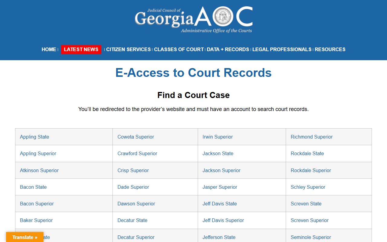 Georgia e-access directory for Twiggs County court records after arrest