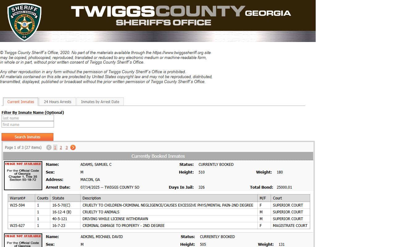 Twiggs County inmate population roster with current inmate records and mugshots